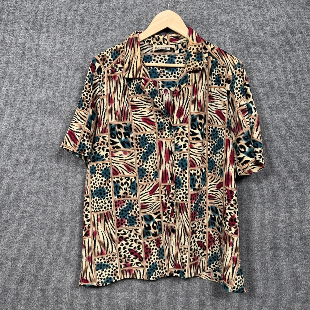 Donnkenny Woman Plus Sz 1X Shirt Cream Black Windowpane Animal Print  Old Money